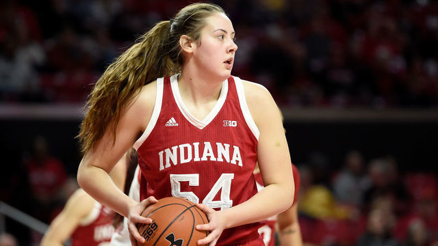 COLLEGE PARK, MD - JANUARY 20: Mackenzie Holmes #54 of the Indiana Hoosiers handles the ball against the Maryland Terrapins at Xfinity Center on January 20, 2020 in College Park, Maryland.