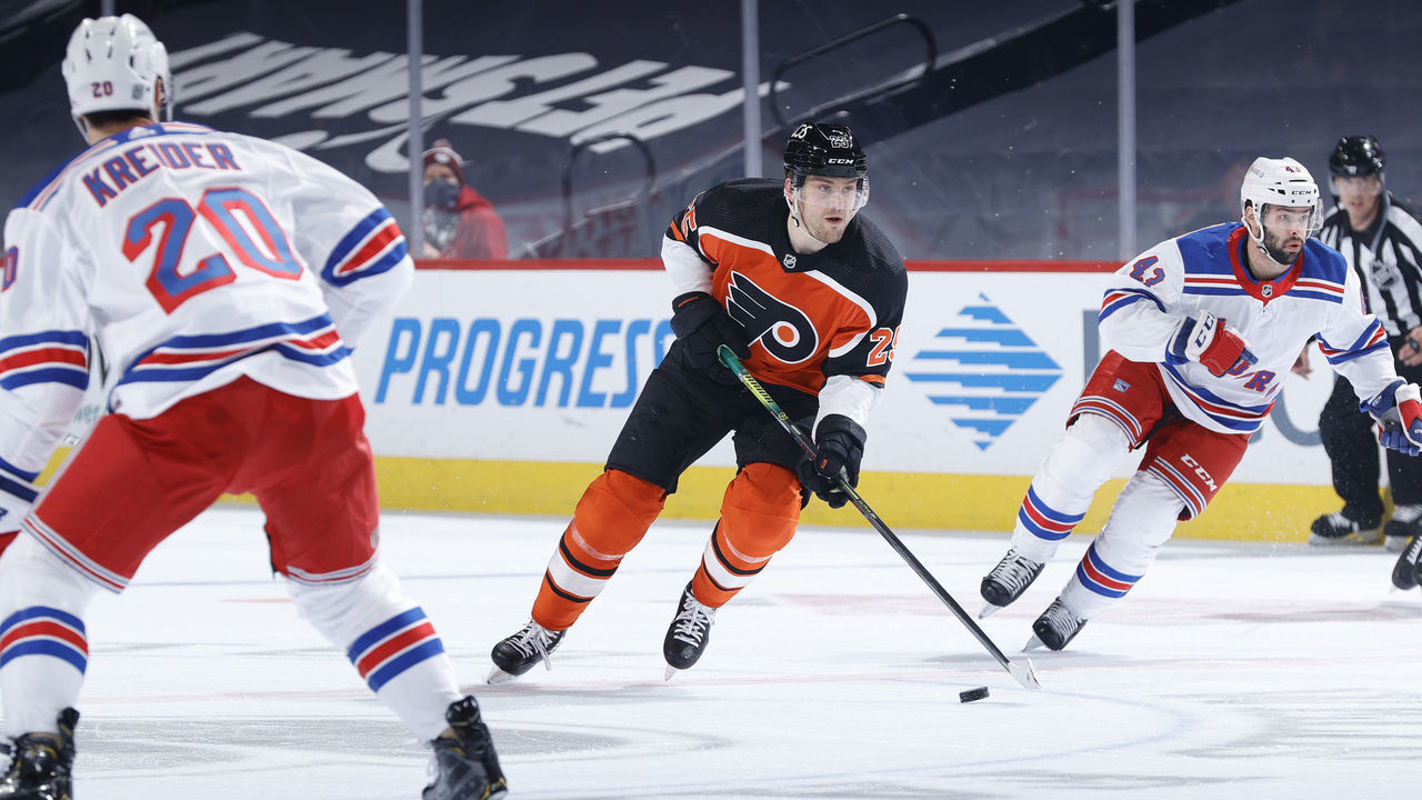 PHILADELPHIA, PENNSYLVANIA - FEBRUARY 24: James van Riemsdyk #25 of the Philadelphia Flyers skates with the puck during the first period against the New York Rangers at Wells Fargo Center on February 24, 2021 in Philadelphia, Pennsylvania.