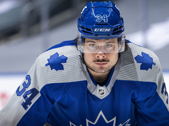 TORONTO, ON - FEBRUARY 6: Auston Matthews #34 of the Toronto Maple Leafs gets ready for a face-off against the Vancouver Canucks during the first period at the Scotiabank Arena on February 6, 2021 in Toronto, Ontario, Canada.