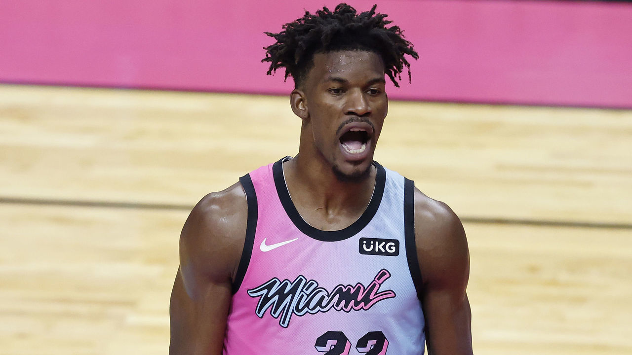 MIAMI, FLORIDA - FEBRUARY 24: Jimmy Butler #22 of the Miami Heat reacts against the Toronto Raptors during the third quarter at American Airlines Arena on February 24, 2021 in Miami, Florida.