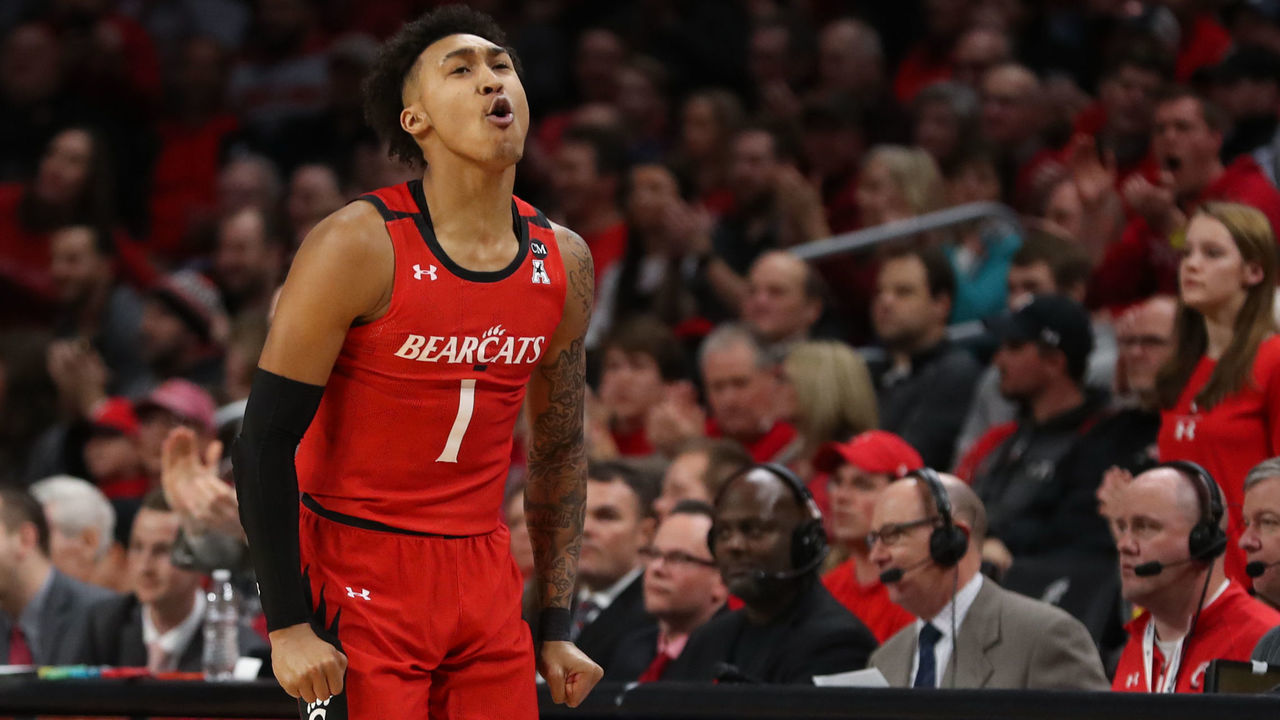 CINCINNATI, OH - FEBRUARY 13: Cincinnati Bearcats guard Jeremiah Davenport (1) reacts during the game against the Memphis Tigers and the Cincinnati Bearcats on February 13th, 2020 at Fifth Third Arena in Cincinnati, OH.