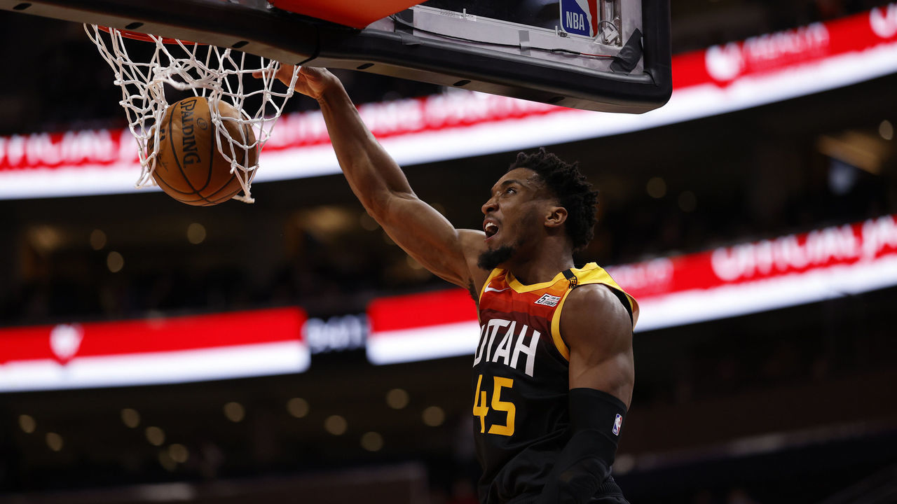 SALT LAKE CITY, UT - FEBRUARY 24: Donovan Mitchell #45 of the Utah Jazz dunks the ball during the game against the Los Angeles Lakers during the game against the Utah Jazz on February 24, 2021 at vivint.SmartHome Arena in Salt Lake City, Utah. Mandatory Copyright Notice: Copyright 2021 NBAE