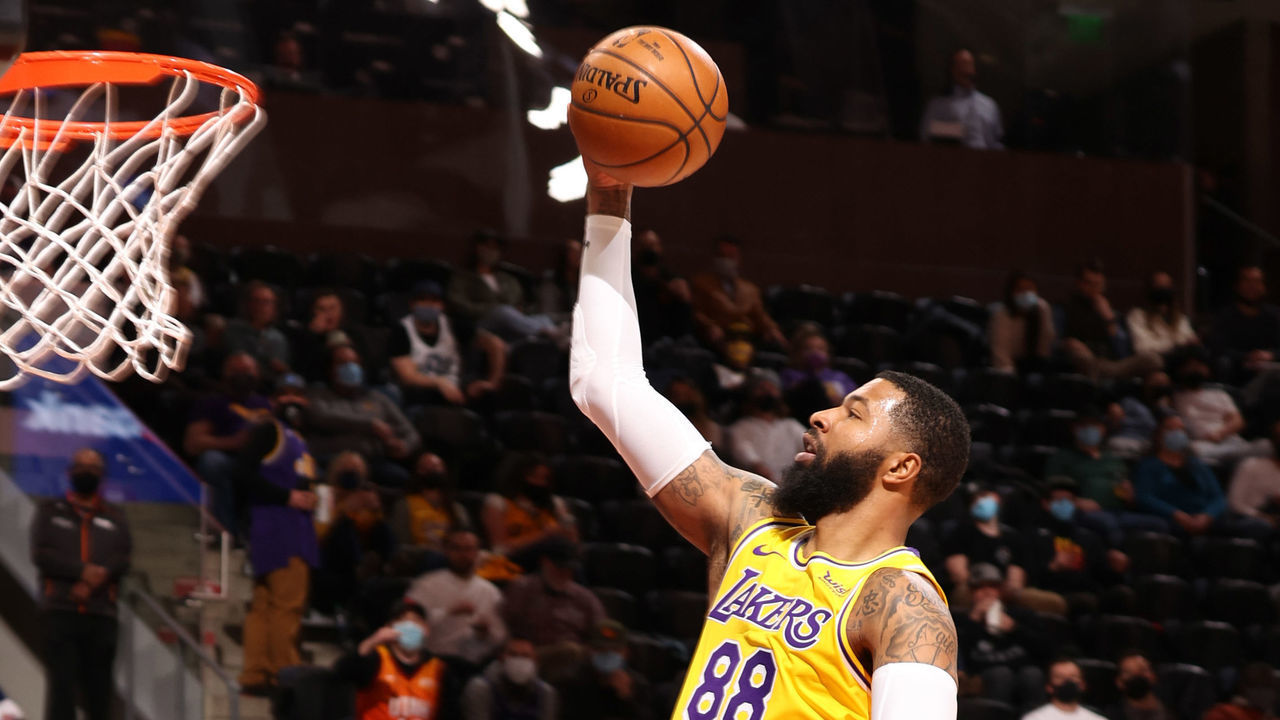 SALT LAKE CITY, UT - FEBRUARY 24: Markieff Morris #88 of the Los Angeles Lakers dunks the ball during the game against the Utah Jazz on February 24, 2021 at vivint.SmartHome Arena in Salt Lake City, Utah. Mandatory Copyright Notice: Copyright 2021 NBAE
