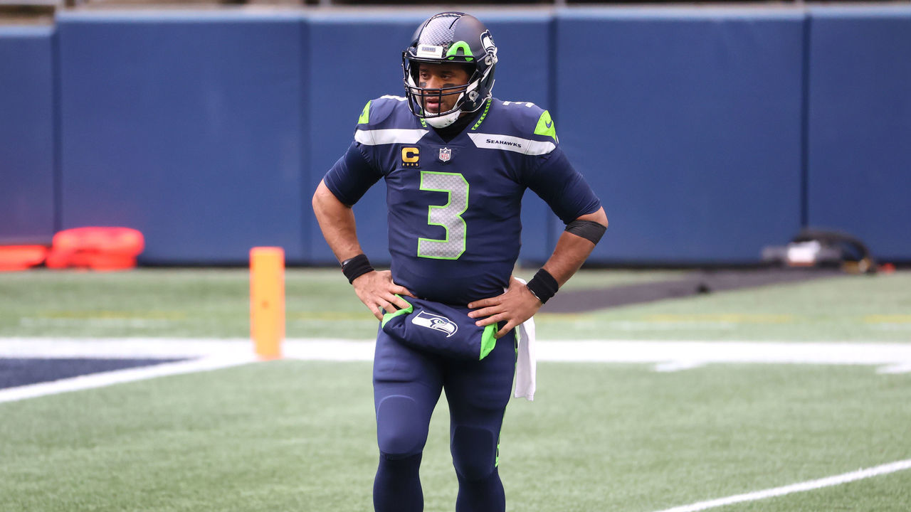 SEATTLE, WASHINGTON - DECEMBER 27: Russell Wilson #3 of the Seattle Seahawks looks on before their game against the Los Angeles Rams at Lumen Field on December 27, 2020 in Seattle, Washington.
