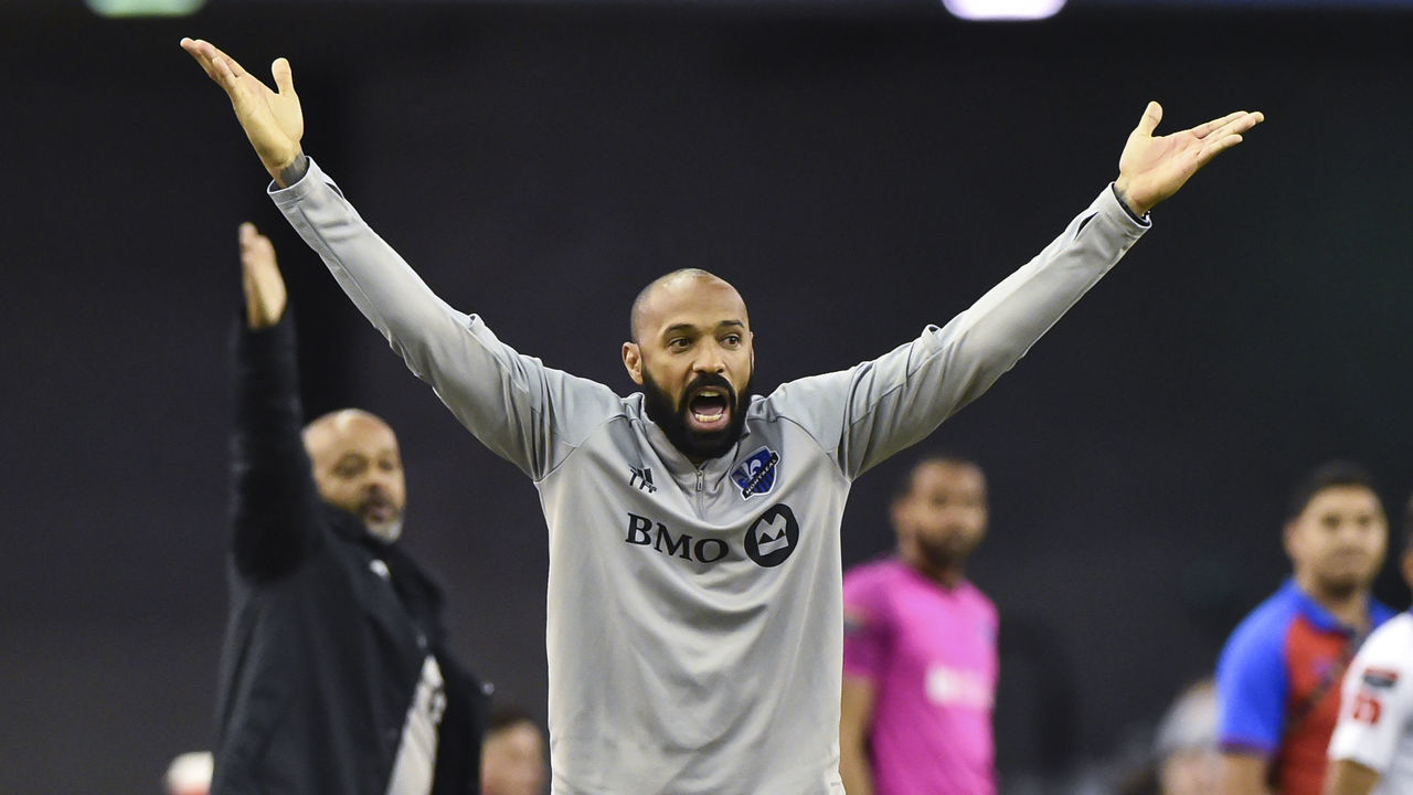 MONTREAL, QC - MARCH 10: Head coach of the Montreal Impact Thierry Henry reacts against CD Olimpia in the second half during the 1st leg of the CONCACAF Champions League quarterfinal game at Olympic Stadium on March 10, 2020 in Montreal, Quebec, Canada. CD Olimpia defeated the Montreal Impact 2-1.