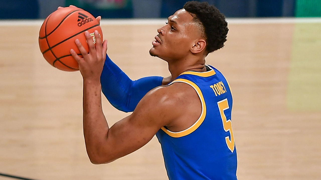 ATLANTA, GA FEBRUARY 14: Pittsburgh guard Au'diese Toney (5) shoots a free throw during the NCAA basketball game between the Pittsburgh Panthers and the Georgia Tech Yellow Jackets on February 14th, 2021 at Hank McCamish Pavilion in Atlanta, GA.