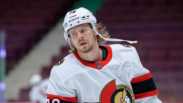 VANCOUVER, BC - JANUARY 28: Ottawa Senators Center Filip Chlapik (78) skates during warmup prior to their NHL game against the Vancouver Canucks at Rogers Arena on January 28, 2021 in Vancouver, British Columbia, Canada.