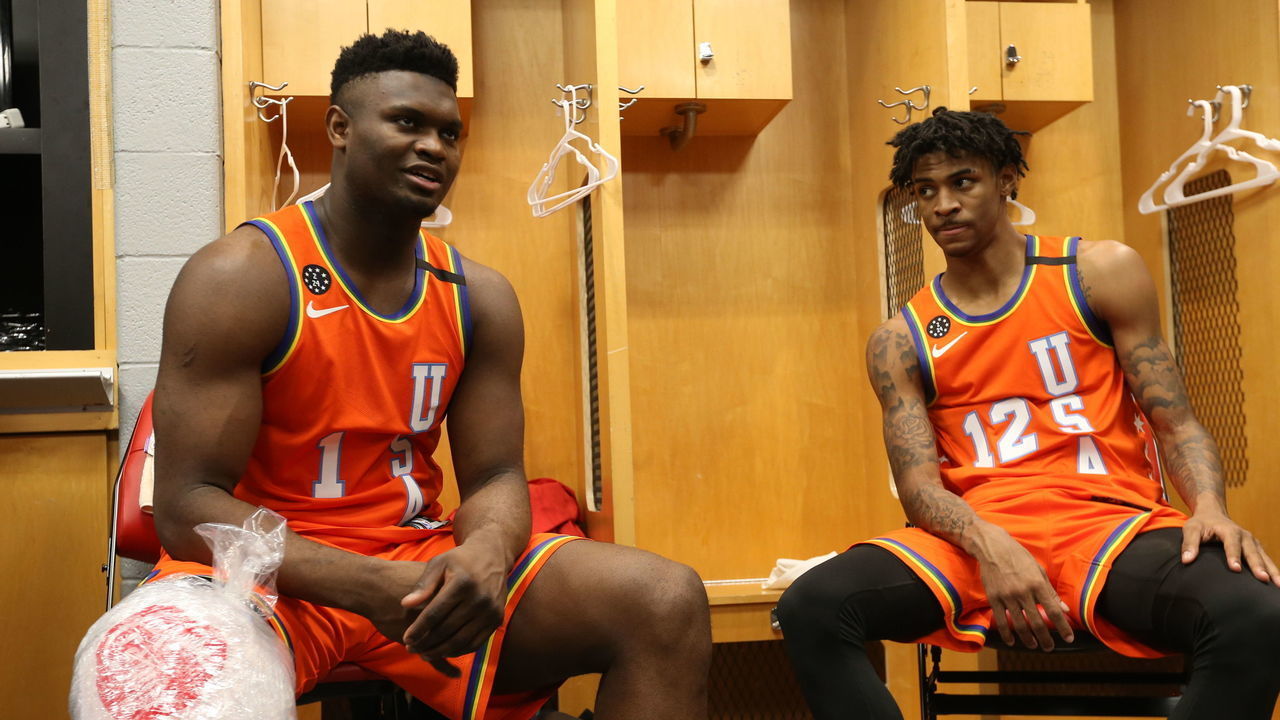 CHICAGO, IL - FEBRUARY 14: Zion Williamson #1 of Team USA and Ja Morant #12 talk during the NBA Rising Stars on Friday, February 14, 2020 at the United Center in Chicago, Illinois. Mandatory Copyright Notice: Copyright 2020 NBAE