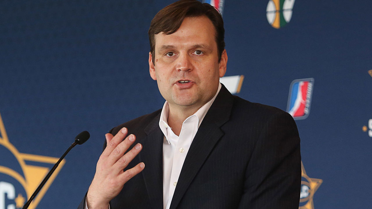 SALT LAKE CITY, UT - APRIL 04: Dennis Lindsey, General Manager of the Utah Jazz speaks during announcement of the Utah Stars the new NBA D-League announced today at vivint.SmartHome Arena on April 04, 2016 in Salt Lake City, Utah. Mandatory Copyright Notice: Copyright 2016 NBAE