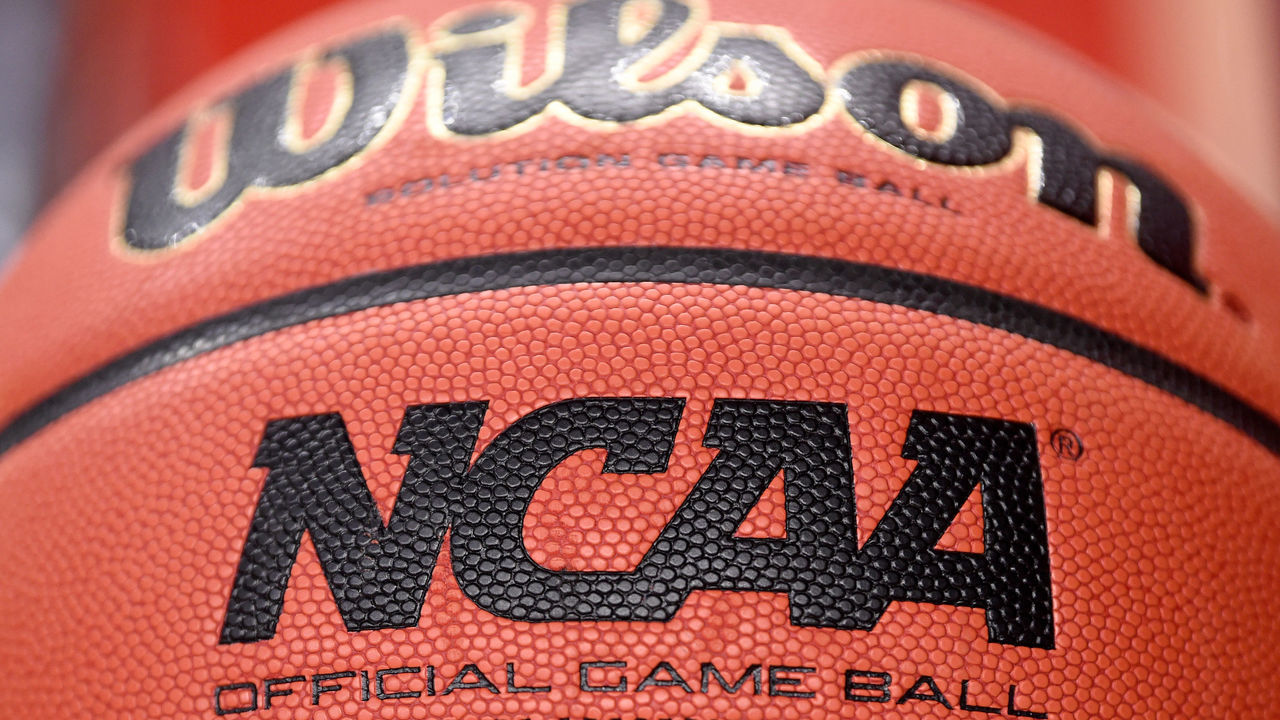 COLLEGE PARK, MD - DECEMBER 31: A view of the NCAA logo on a basketball before the game between the Maryland Terrapins and the Michigan Wolverines at the Xfinity Center on December 31, 2020 in College Park, Maryland.