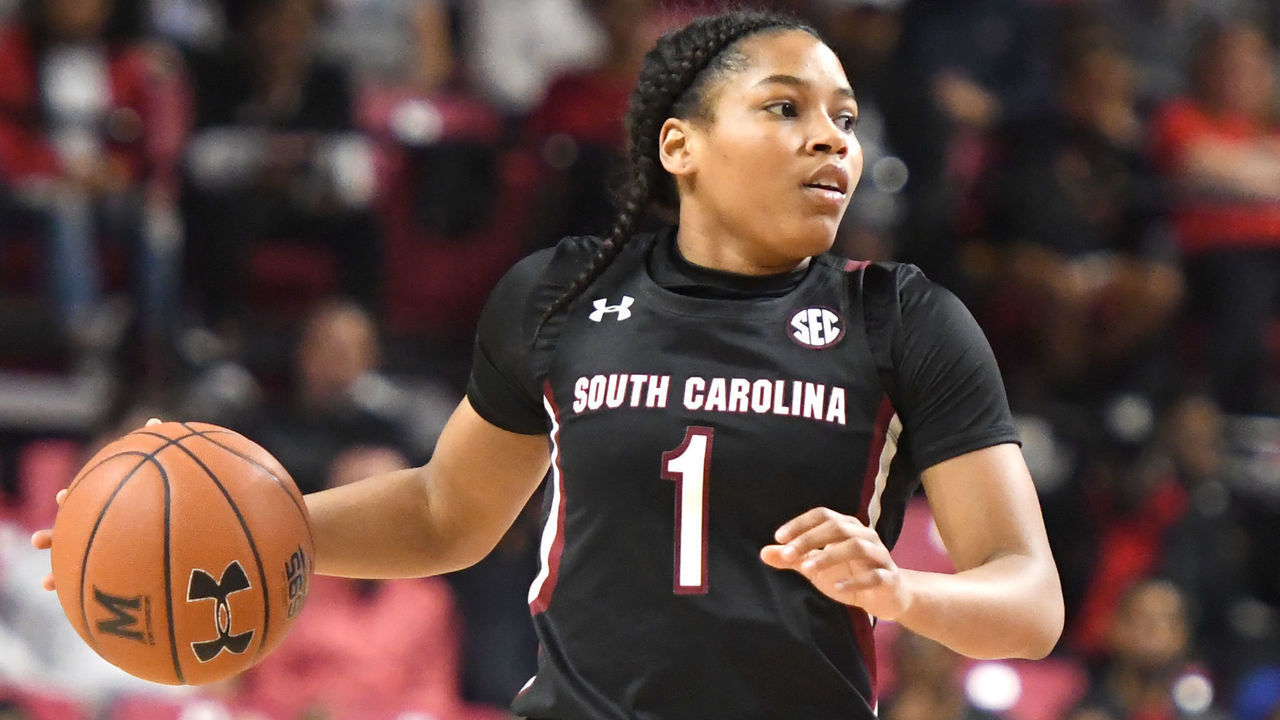 COLLEGE PARK, MD - NOVEMBER 10: Zia Cooke #1 of the South Carolina Gamecocks dribbles up court during a women's basketball game against the against the Maryland Terrapins at the Xfinity Center on November 10, 2019 in College Park, Maryland.