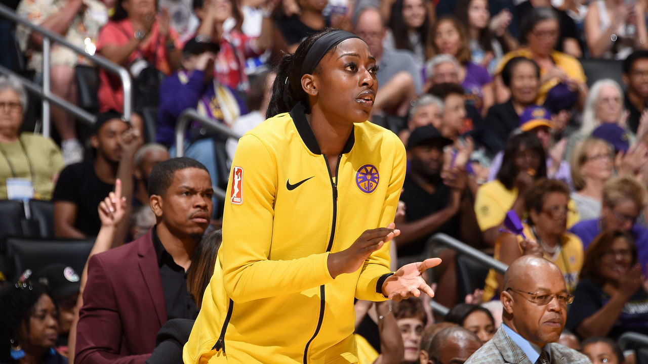 LOS ANGELES, CA - SEPTEMBER 8: Chiney Ogwumike #13 of the Los Angeles Sparks reacts to a play during the game against the Minnesota Lynx on September 8, 2019 at STAPLES Center in Los Angeles, California. NOTE TO USER: User expressly acknowledges and agrees that, by downloading and/or using this photograph, user is consenting to the terms and conditions of the Getty Images License Agreement. Mandatory Copyright Notice: Copyright 2019 NBAE