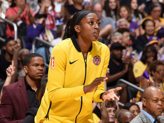 LOS ANGELES, CA - SEPTEMBER 8: Chiney Ogwumike #13 of the Los Angeles Sparks reacts to a play during the game against the Minnesota Lynx on September 8, 2019 at STAPLES Center in Los Angeles, California. NOTE TO USER: User expressly acknowledges and agrees that, by downloading and/or using this photograph, user is consenting to the terms and conditions of the Getty Images License Agreement. Mandatory Copyright Notice: Copyright 2019 NBAE