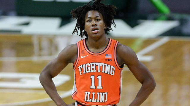 EAST LANSING, MI - FEBRUARY 23: Illinois Fighting Illini guard Ayo Dosunmu (11) walks up court after a whistle of a college basketball game between the Michigan State Spartans and the Illinois Fighting Illini on February 23, 2021 at the Breslin Student Events Center in East Lansing, MI.