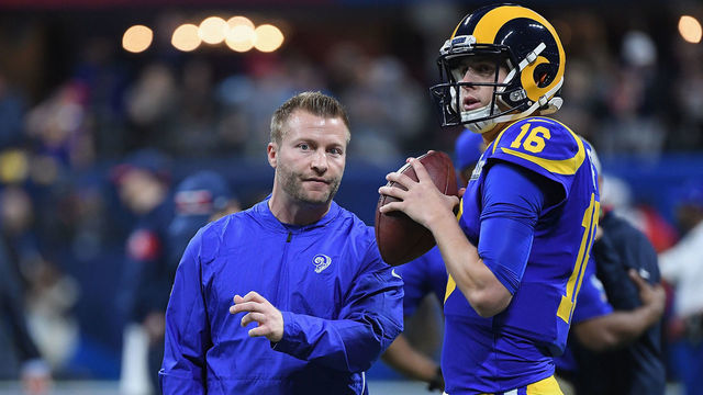 ATLANTA, GA - FEBRUARY 03: Head Coach Sean McVay of the Los Angeles Rams speaks to Jared Goff #16 of the Los Angeles Rams during Super Bowl LIII against the New England Patriots at Mercedes-Benz Stadium on February 3, 2019 in Atlanta, Georgia.