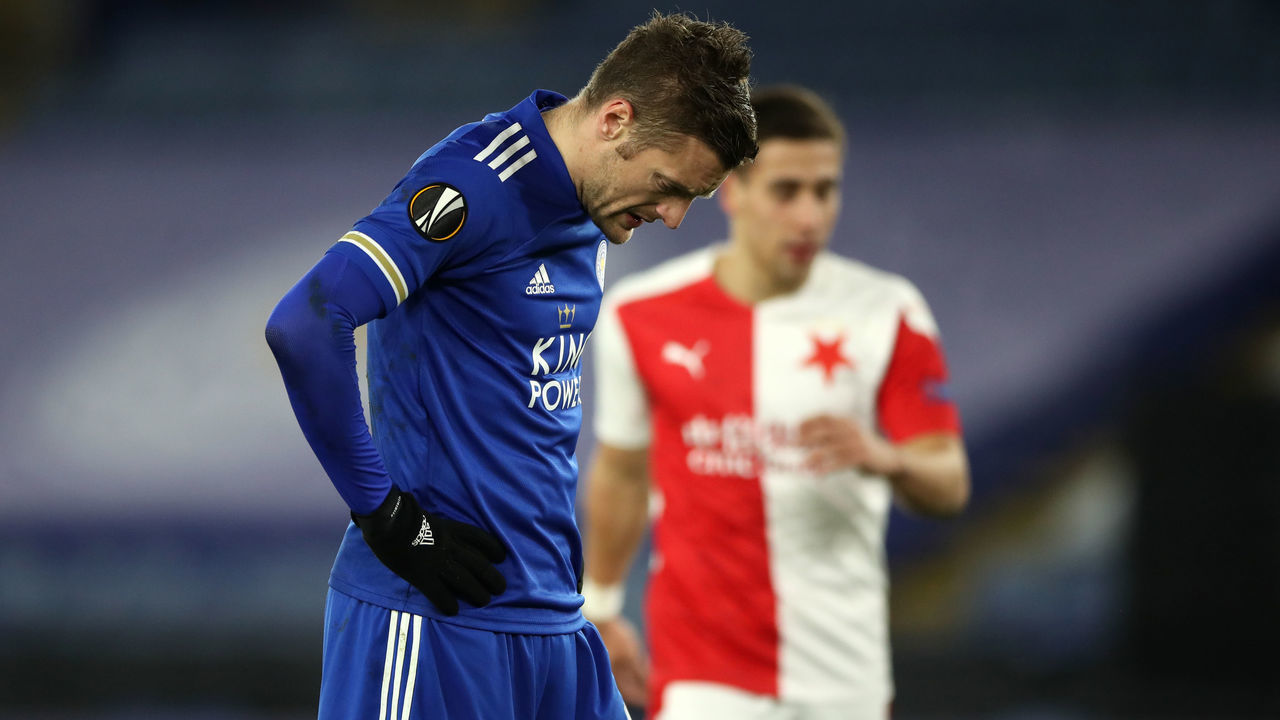 Leicester City's Jamie Vardy reacts after Slavia Praha's Abdallah Sima (not pictured) scores their side's second goal of the game during the UEFA Europa League match at the King Power Stadium, Leicester. Picture date: Thursday February 25, 2021.