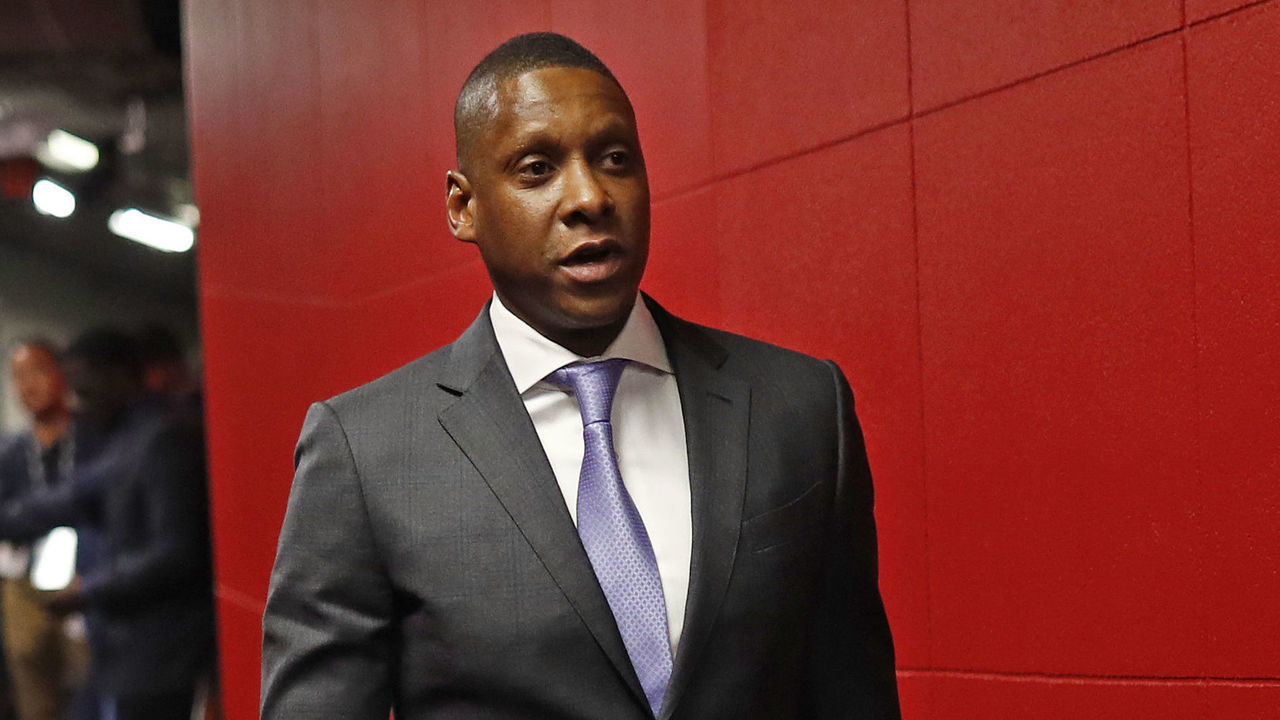 TORONTO, CANADA - JUNE 02: Masai Ujiri of the Toronto Raptors walks to the court before Game Two of the NBA Finals against the Golden State Warriors on June 2, 2019 at Scotiabank Arena in Toronto, Ontario, Canada. NOTE TO USER: User expressly acknowledges and agrees that, by downloading and/or using this photograph, user is consenting to the terms and conditions of the Getty Images License Agreement. Mandatory Copyright Notice: Copyright 2019 NBAE