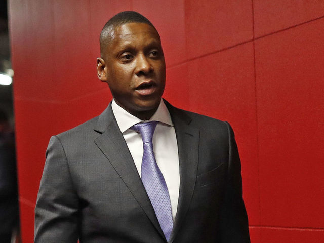 TORONTO, CANADA - JUNE 02: Masai Ujiri of the Toronto Raptors walks to the court before Game Two of the NBA Finals against the Golden State Warriors on June 2, 2019 at Scotiabank Arena in Toronto, Ontario, Canada. NOTE TO USER: User expressly acknowledges and agrees that, by downloading and/or using this photograph, user is consenting to the terms and conditions of the Getty Images License Agreement. Mandatory Copyright Notice: Copyright 2019 NBAE