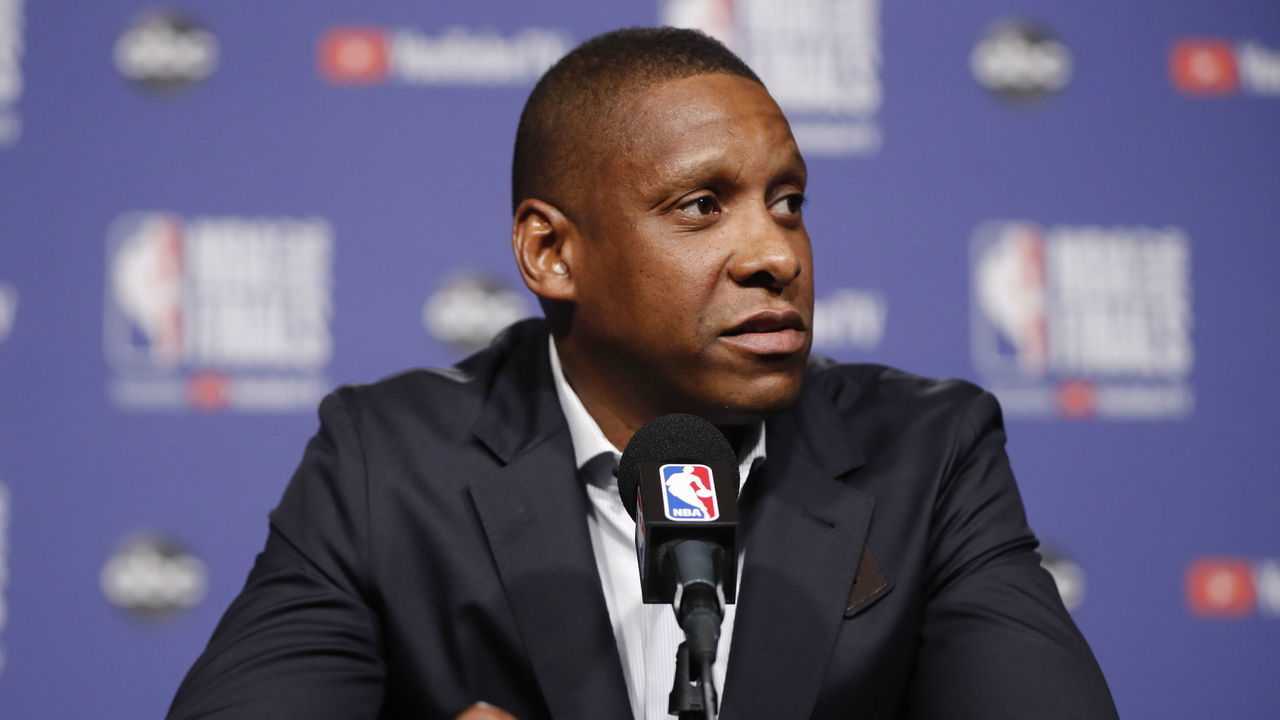 TORONTO, ON - MAY 29: President Masai Ujiri of the Toronto Raptors addresses the media during practice and media availability as part of the 2019 NBA Finals on May 29, 2019 at Scotiabank Arena in Toronto, Ontario, Canada. Mandatory Copyright Notice: Copyright 2019 NBAE