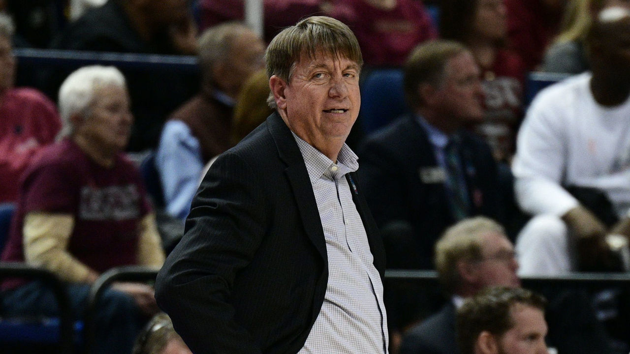 GREENSBORO, NC - MARCH 08: NC State Wolfpack head coach Wes Moore questions a call during the ACC Women's Tournament Championship game between the Florida State Seminoles and the NC State Wolfpack at Greensboro Coliseum on March 8, 2020 in Greensboro, NC.