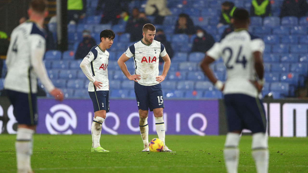 LONDON, ENGLAND - DECEMBER 13: Son Heung-Min and Eric Dier of Tottenham Hotspur look dejected during the Premier League match between Crystal Palace and Tottenham Hotspur at Selhurst Park on December 13, 2020 in London, England. A limited number of spectators (2000) are welcomed back to stadiums to watch elite football across England. This was following easing of restrictions on spectators in tiers one and two areas only.