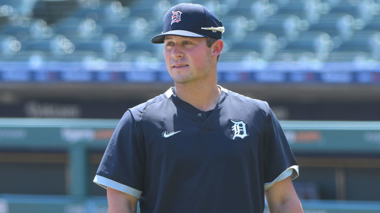 DETROIT, MI - JULY 06: Major League Baseballs number one draft pick Spencer Torkelson #73 of the Detroit Tigers looks on during the Detroit Tigers Summer Workouts at Comerica Park on July 6, 2020 in Detroit, Michigan.