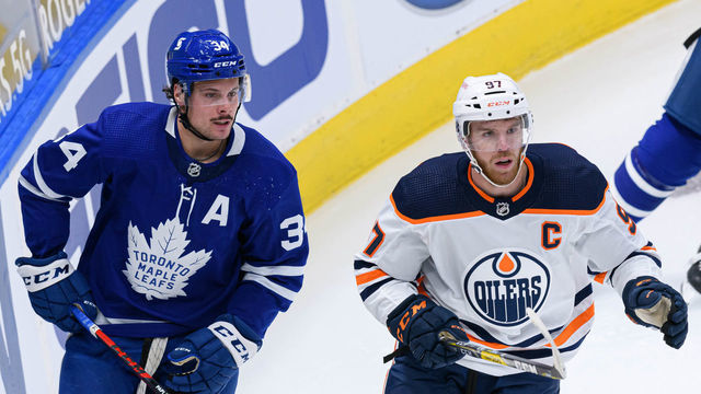 TORONTO, ON - JANUARY 20: Toronto Maple Leafs Center Auston Matthews (34) and Edmonton Oilers Center Connor McDavid (97) skate during the second period of the NHL regular season game between the Edmonton Oilers and the Toronto Maple Leafs on January 20, 2021, at Scotiabank Arena in Toronto, ON, Canada.