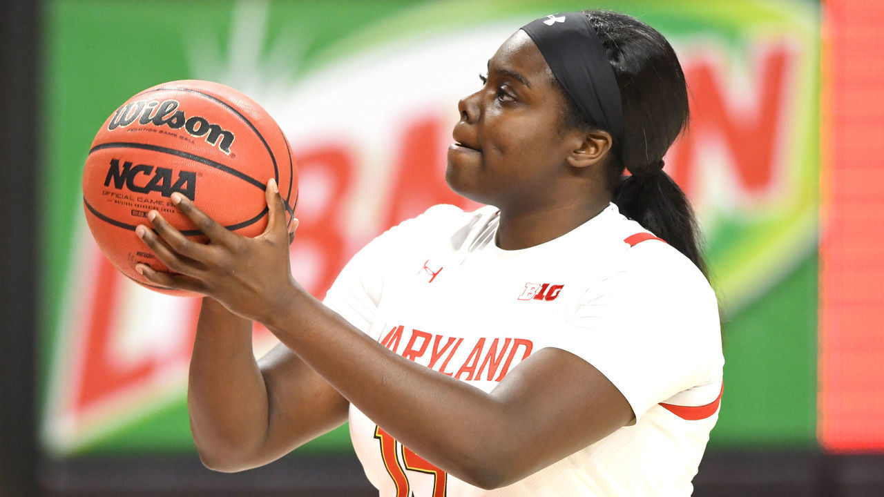 COLLEGE PARK, MD - FEBRUARY 23: Ashley Owusu #15 of the Maryland Terrapins takes a foul shot during a women's college basketball game against the Iowa Hawkeyes at Xfinity Center on February 23, 2021 in College Park, Maryland.