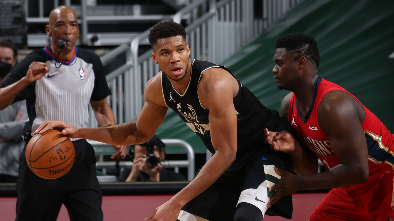 MILWAUKEE, WI - FEBRUARY 25: Giannis Antetokounmpo #34 of the Milwaukee Bucks handles the ball during the game against the New Orleans Pelicans on February 25, 2021 at the Fiserv Forum Center in Milwaukee, Wisconsin. Mandatory Copyright Notice: Copyright 2021 NBAE .