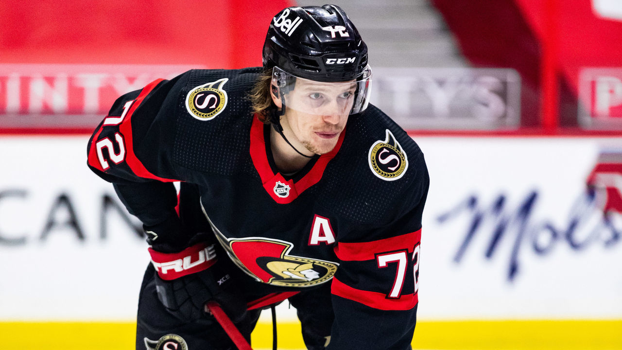 OTTAWA, ON - FEBRUARY 23: Ottawa Senators Defenceman Thomas Chabot (72) prepares for a face-off during third period National Hockey League action between the Montreal Canadiens and Ottawa Senators on February 23, 2021, at Canadian Tire Centre in Ottawa, ON, Canada.
