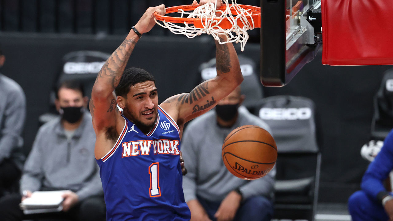 PORTLAND, OREGON - JANUARY 24: Obi Toppin #1 of the New York Knicks dunks the ball in the second quarter against the Portland Trail Blazers at Moda Center on January 24, 2021 in Portland, Oregon.