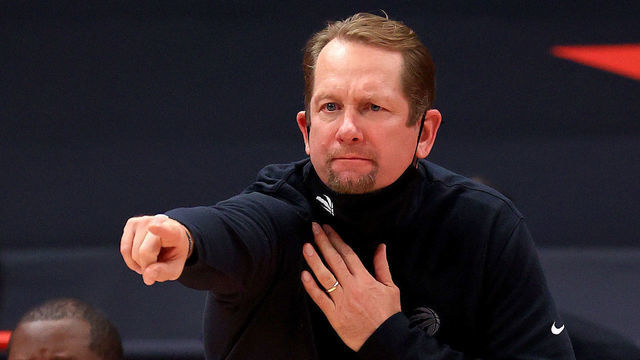 TAMPA, FLORIDA - JANUARY 20: Head Coach Nick Nurse of the Toronto Raptors looks on during a game against the Miami Heat at Amalie Arena on January 20, 2021 in Tampa, Florida.