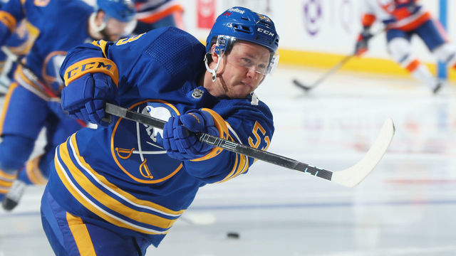 BUFFALO, NY - FEBRUARY 16: Jeff Skinner #53 of the Buffalo Sabres warms up before an NHL game against the New York Islanders on February 16, 2021 at KeyBank Center in Buffalo, New York.