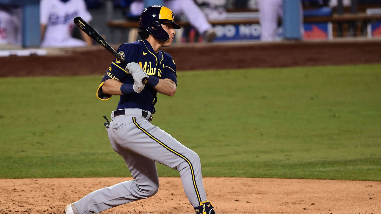 LOS ANGELES, CA - SEPTEMBER 30: Christian Yelich #22 of the Milwaukee Brewers bats during Game 1 of the Wild Card Series between the Milwaukee Brewers and the Los Angeles Dodgers at Dodger Stadium on Wednesday, September 30, 2020 in Los Angeles, California.