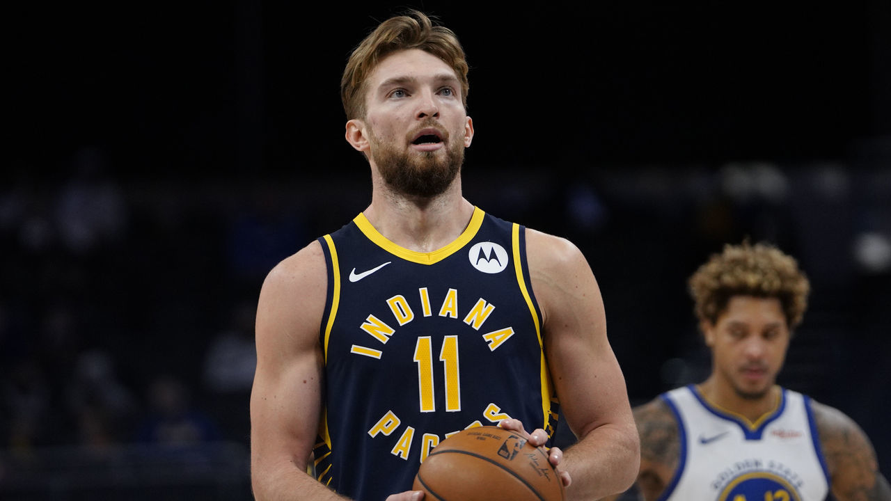 INDIANAPOLIS, IN - FEBRUARY 24: Domantas Sabonis #11 of the Indiana Pacers shoots a free throw during the game against the Golden State Warriors on February 24, 2021 at Bankers Life Fieldhouse in Indianapolis, Indiana. Mandatory Copyright Notice: Copyright 2021 NBAE