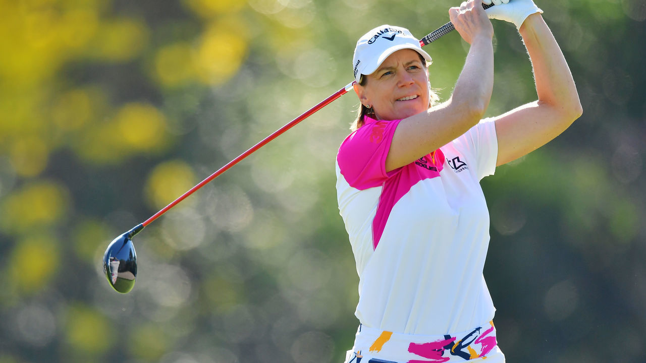 ORLANDO, FLORIDA - FEBRUARY 26: Annika Sorenstam of Sweden tees off on the 16th hole during round two of the Gainbridge LPGA at Lake Nona Golf and Country Club on February 26, 2021 in Orlando, Florida.