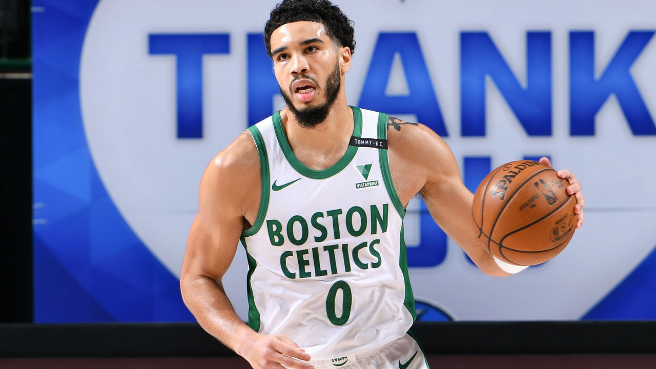 DALLAS, TEXAS- FEBRUARY 23: Jayson Tatum #0 of the Boston Celtics dribbles against the Dallas Mavericks on February 23, 2021 at the American Airlines Center in Dallas, Texas. Mandatory Copyright Notice: Copyright 2021 NBAE