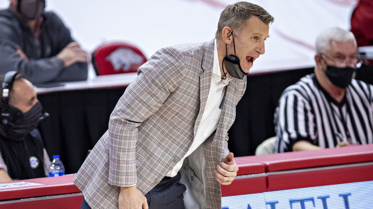 FAYETTEVILLE, ARKANSAS - FEBRUARY 24: Head Coach Nate Oats of the Alabama Crimson Tide yells to his team during a game against the Arkansas Razorbacks at Bud Walton Arena on February 24, 2021 in Fayetteville, Arkansas. The Razorbacks defeated the Crimson Tide 81-66.