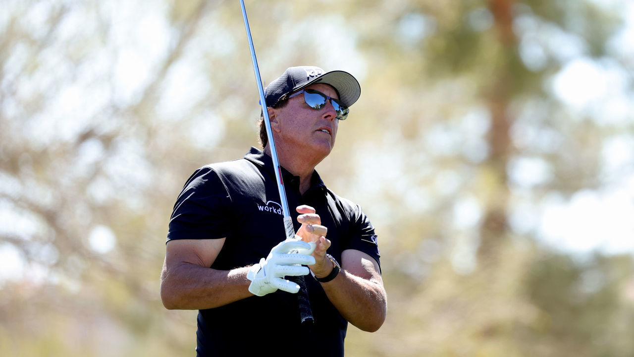 TUCSON, ARIZONA - FEBRUARY 26: Phil Mickelson hits a tee shot on hole four during round one of the Cologuard Classic at the Catalina Course of the Omni Tucson National Resort on February 26, 2021 in Tucson, Arizona.