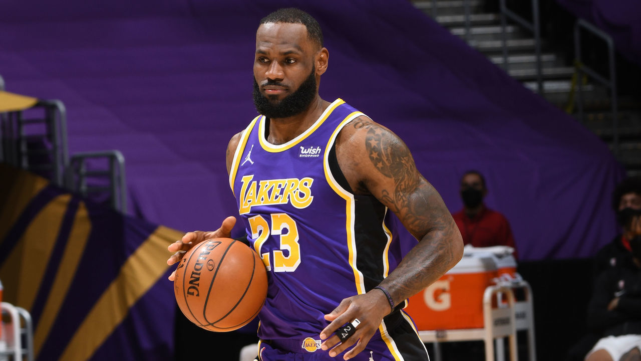 LOS ANGELES, CA - FEBRUARY 26: LeBron James #23 of the Los Angeles Lakers dribbles the ball during the game against the Portland Trail Blazers on February 26, 2021 at STAPLES Center in Los Angeles, California. NOTE TO USER: User expressly acknowledges and agrees that, by downloading and/or using this Photograph, user is consenting to the terms and conditions of the Getty Images License Agreement. Mandatory Copyright Notice: Copyright 2021 NBAE