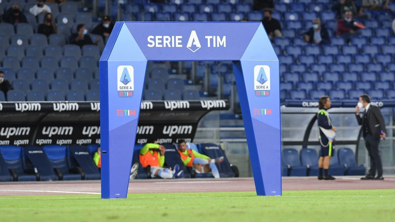 ROME, ITALY - SEPTEMBER 30: The logo of the Serie A before the Serie A match between SS Lazio and Atalanta BC at Stadio Olimpico on September 30, 2020 in Rome, Italy.