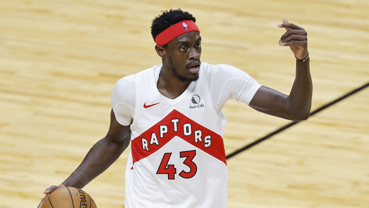 MIAMI, FLORIDA - FEBRUARY 24: Pascal Siakam #43 of the Toronto Raptors dribbles the ball up the court against the Miami Heat during the second quarter at American Airlines Arena on February 24, 2021 in Miami, Florida.