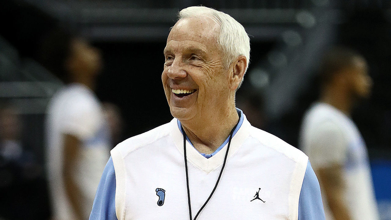KANSAS CITY, MISSOURI - MARCH 28: Head coach Roy Williams of the North Carolina Tar Heels watches during a practice session ahead of the NCAA Basketball Tournament Midwest Regional at the Sprint Center on March 28, 2019 in Kansas City, Missouri.