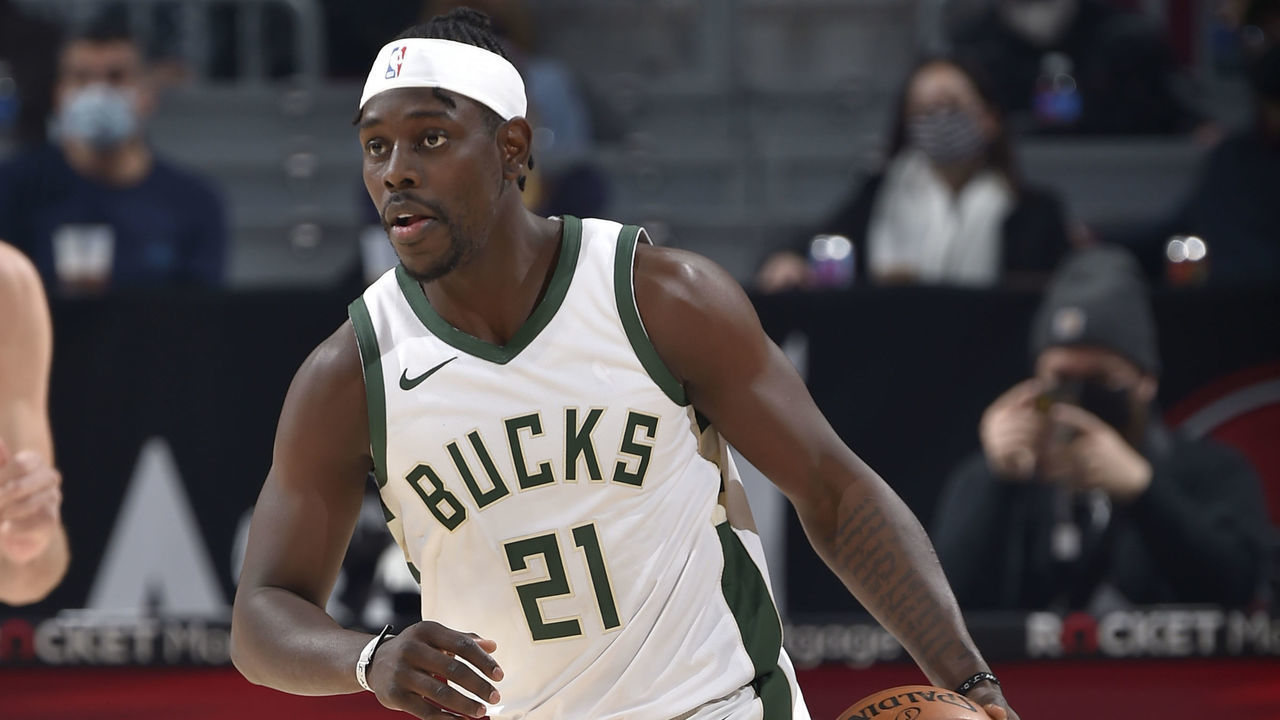 CLEVELAND, OH - FEBRUARY 5: Jrue Holiday #21 of the Milwaukee Bucks handles the ball during the game against the Cleveland Cavaliers on February 5, 2021 at Rocket Mortgage FieldHouse in Cleveland, Ohio. NOTE TO USER: User expressly acknowledges and agrees that, by downloading and/or using this Photograph, user is consenting to the terms and conditions of the Getty Images License Agreement. Mandatory Copyright Notice: Copyright 2021 NBAE