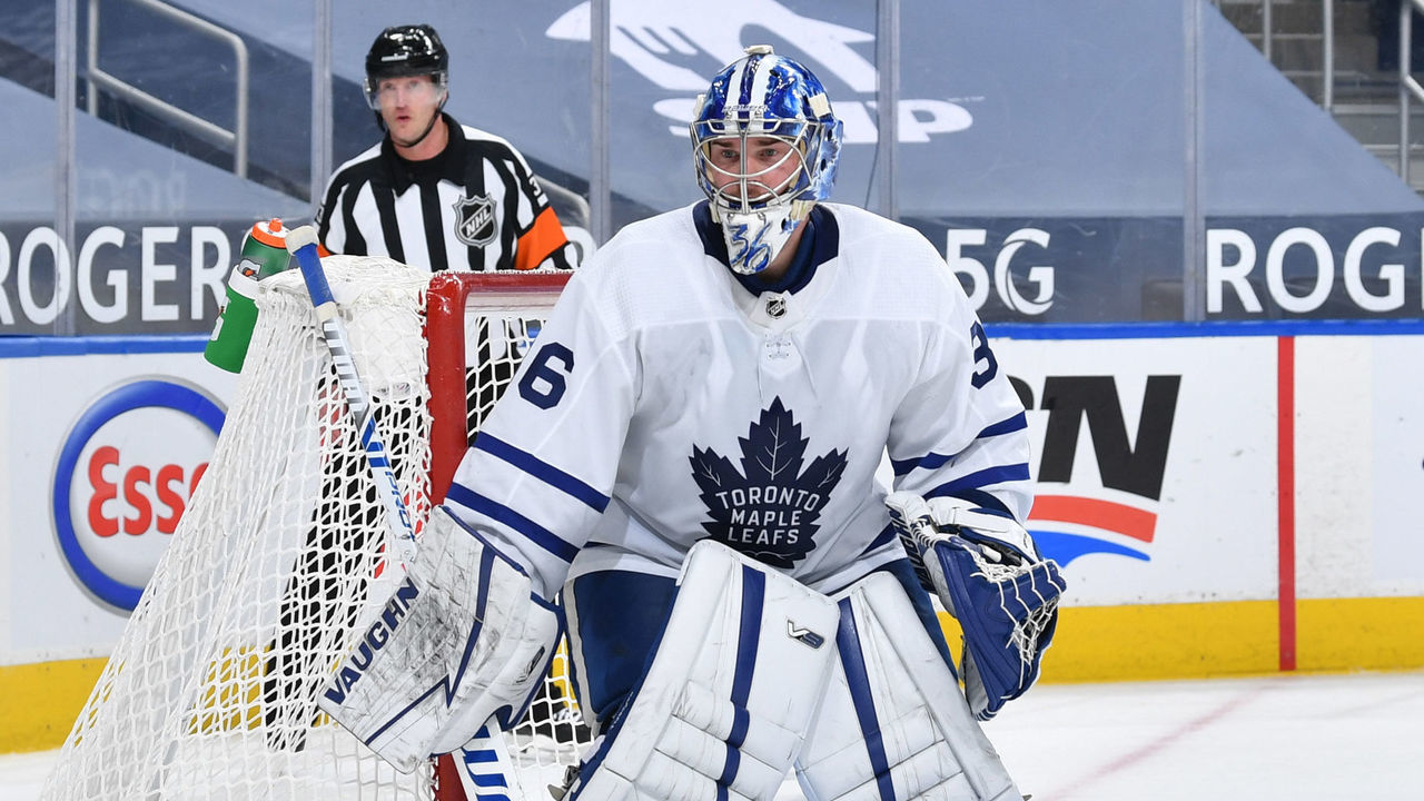 EDMONTON, AB - FEBRUARY 27: Jack Campbell #36 of the Toronto Maple Leafs prepares to make a save during the game against the Edmonton Oilers on February 27, 2021 at Rogers Place in Edmonton, Alberta, Canada.