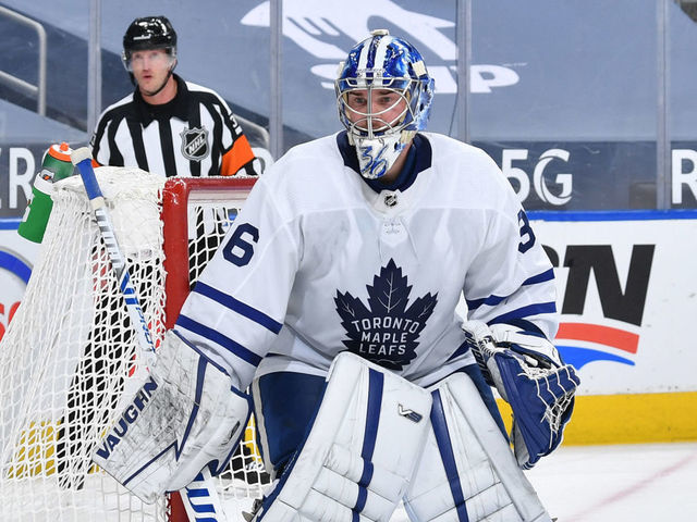EDMONTON, AB - FEBRUARY 27: Jack Campbell #36 of the Toronto Maple Leafs prepares to make a save during the game against the Edmonton Oilers on February 27, 2021 at Rogers Place in Edmonton, Alberta, Canada.