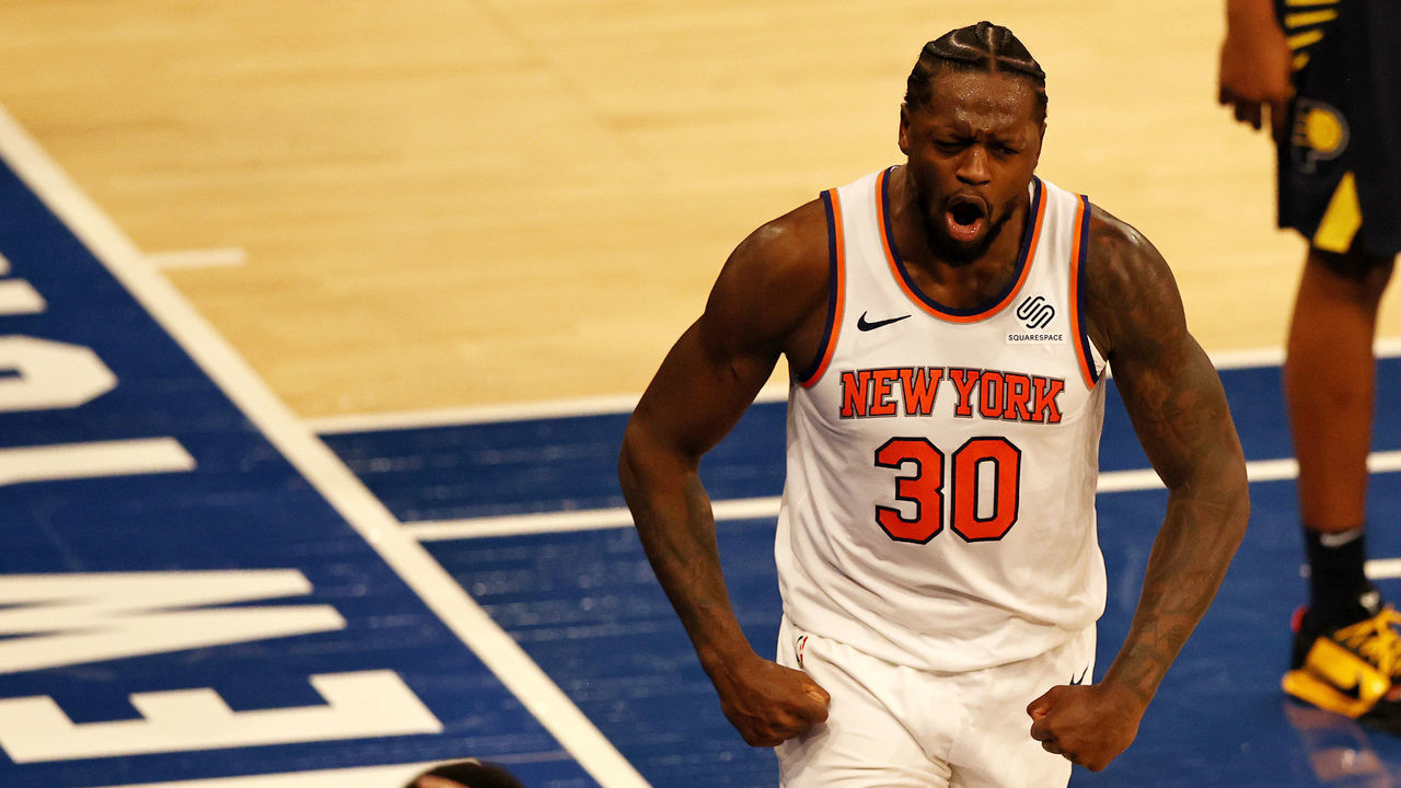 NEW YORK, NEW YORK - FEBRUARY 27: Julius Randle #30 of the New York Knicks celebrates after drawing the foul late in the fourth quarter against the Indiana Pacers at Madison Square Garden on February 27, 2021 in New York City. A limited number of fans are in attendance due to COVID-19 restrictions.