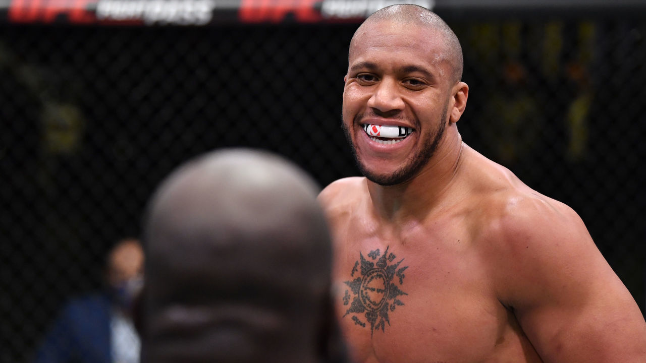 LAS VEGAS, NEVADA - FEBRUARY 27: Ciryl Gane of France battles Jairzinho Rozenstruik of Suriname in a heavyweight bout during the UFC Fight Night event at UFC APEX on February 27, 2021 in Las Vegas, Nevada.