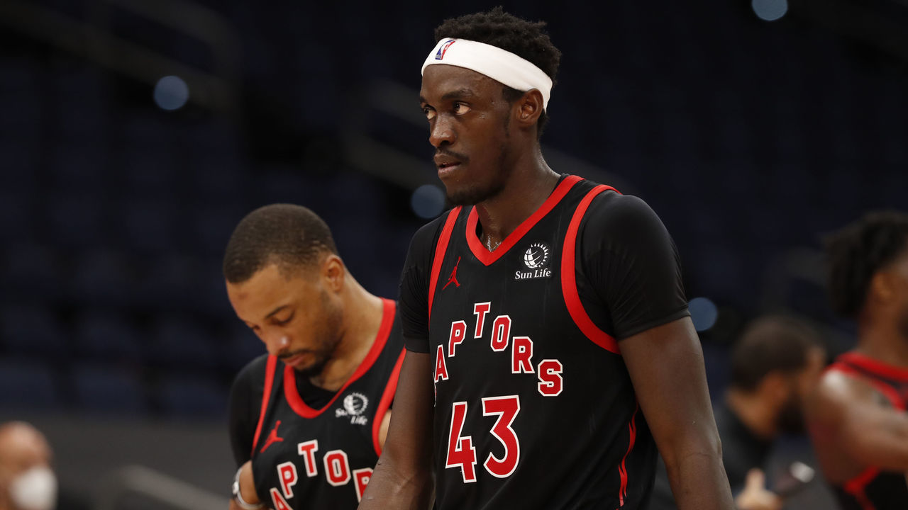 TAMPA, FL- FEBRUARY 23: Pascal Siakam #43 of the Toronto Raptors looks on during the game against the Philadelphia 76ers on February 23, 2021 at Amalie Arena in Tampa, Florida. Mandatory Copyright Notice: Copyright 2021 NBAE