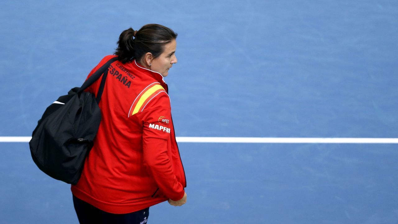 Spain's coach Conchita Martinez leaves the court after Croatia's Marin Draganja and Nikola Mektic won the first round Davis Cup World Group doubles tennis match between Croatia and Spain at "Gradski vrt" hall in Osijek, Croatia, on February 4, 2017. / AFP / -